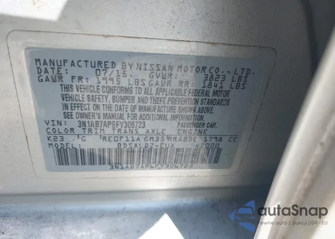 2015 Nissan Sentra Sv из США, поврежденный, VIN 3N1AB7AP6FY306723